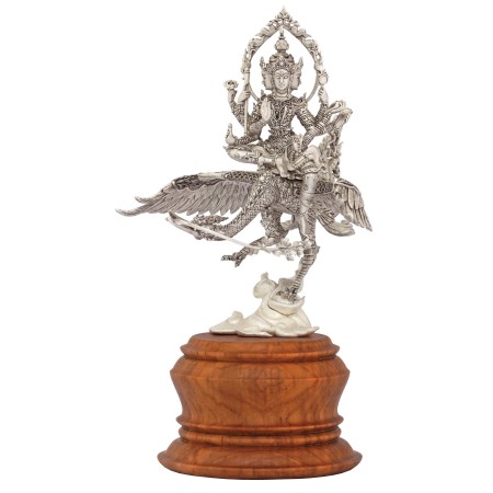 (Silver Plated with  Black Satin Finishing) 4 Faces Buddha (Prasit Brahma) Riding on the Flying Heaven Swan on Teak base 18 cm 