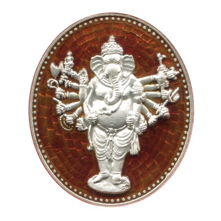 เหรียญพระพิฆเนศวรปาง16กร (วีระคณปติ) เงินลงยาสีแดง (ลงยา 2 หน้า)