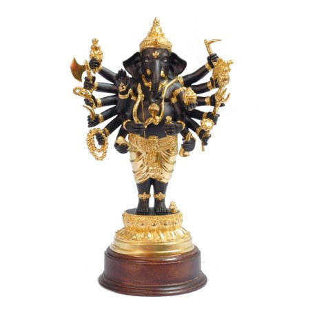 พระพิฆเนศวรปาง16กร (วีระคณปติ) ขนาดตั้งบูชาสูง 15 นิ้ว (ปิดทองบางส่วน) พร้อมฐานไม้อย่างดี